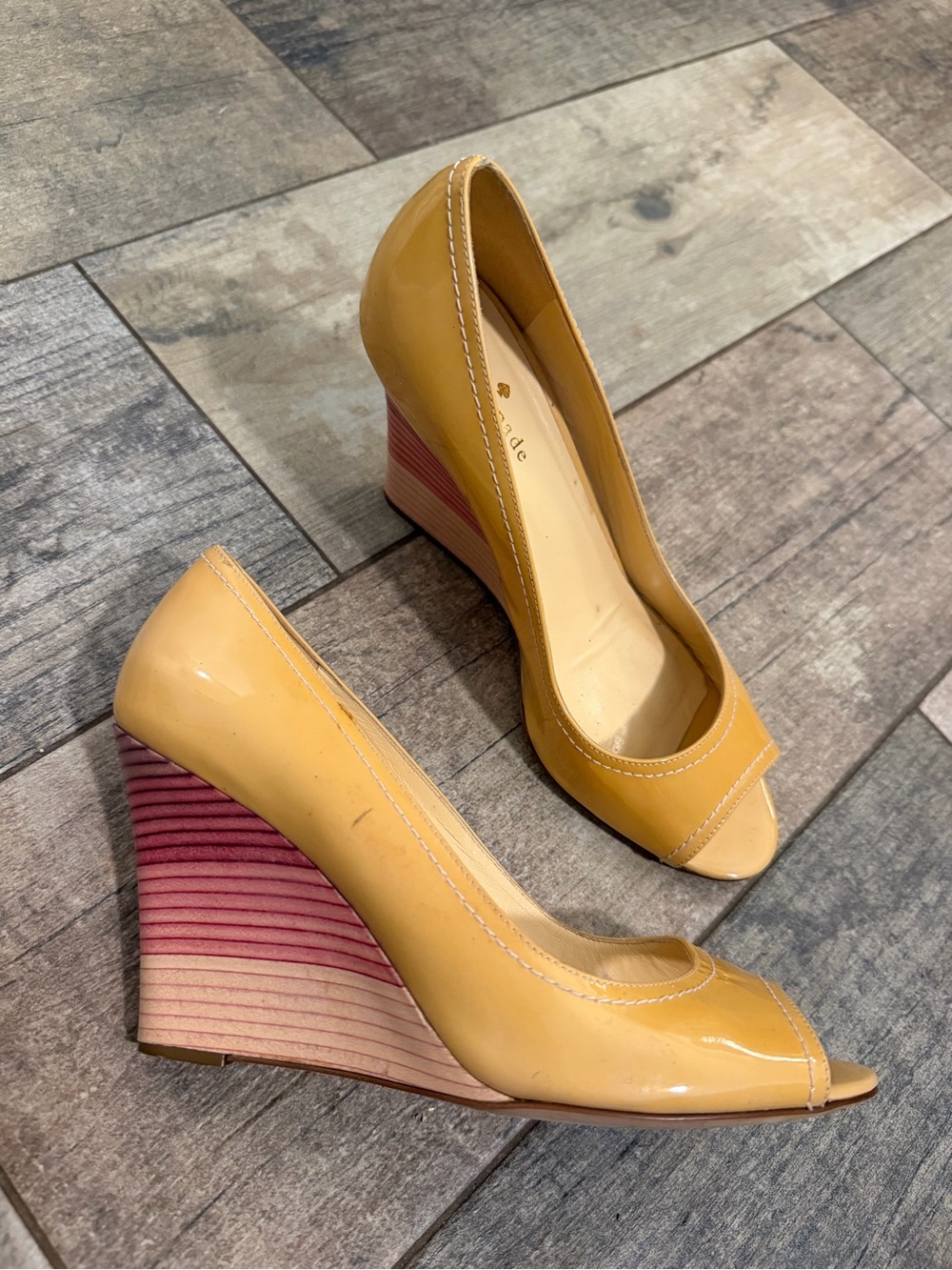 kate spade nude Patent Leather Peep-Toe Wedge Pumps with Pink Stripe Ombre Heel